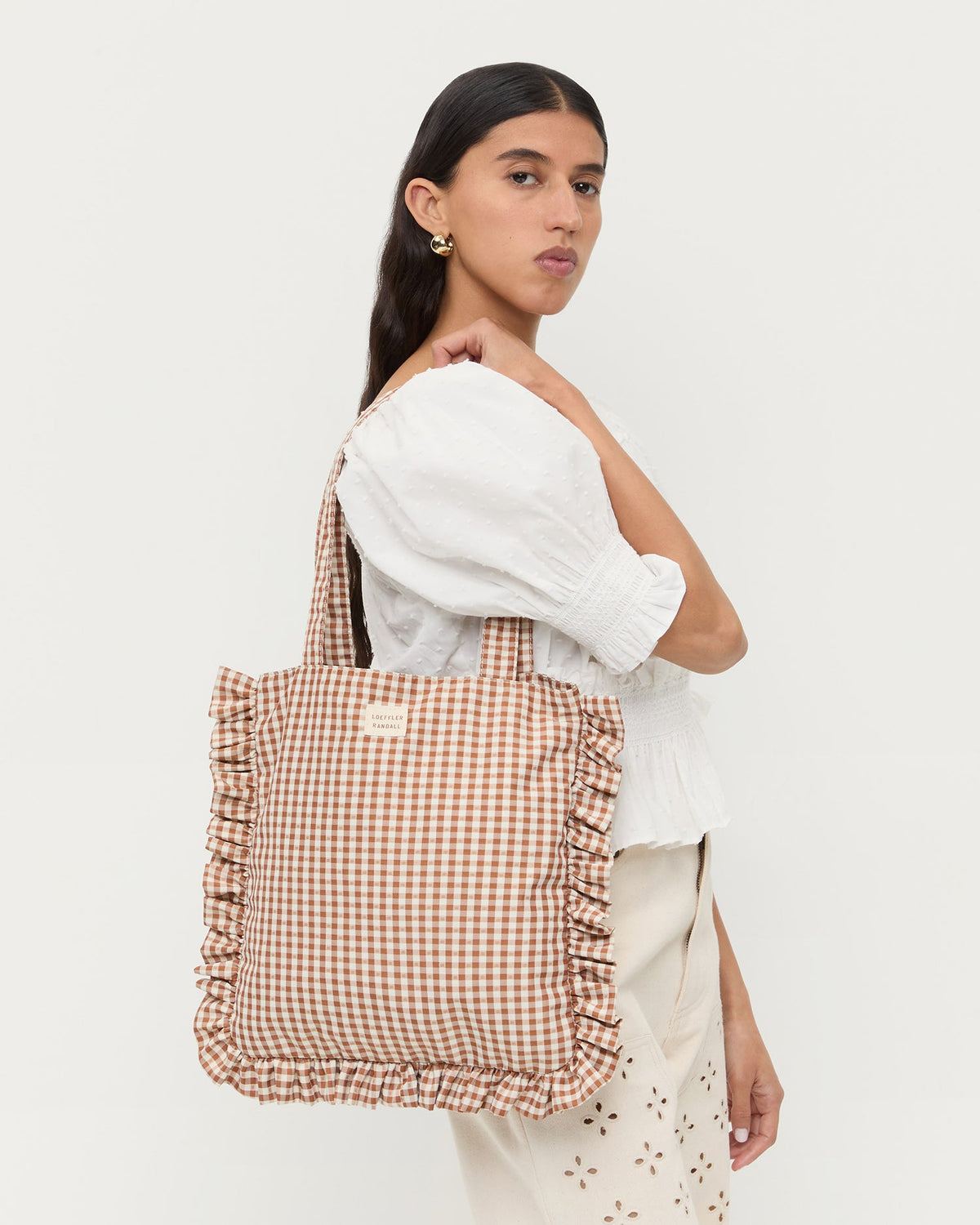Women Loeffler Randall Justine Brown Gingham Ruffle Tote