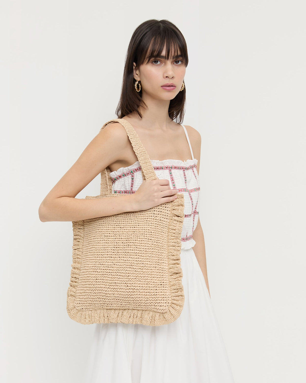 Women Loeffler Randall Justine Natural Crochet Ruffle Tote