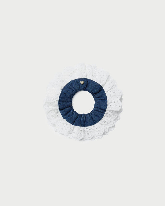 Women Loeffler Randall Dolly Denim/Cream Embroidered Scrunchie