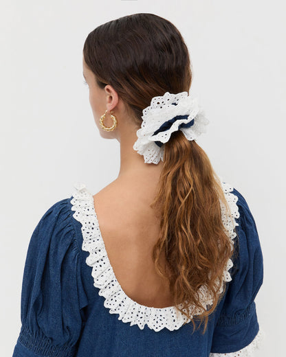 Women Loeffler Randall Dolly Denim/Cream Embroidered Scrunchie