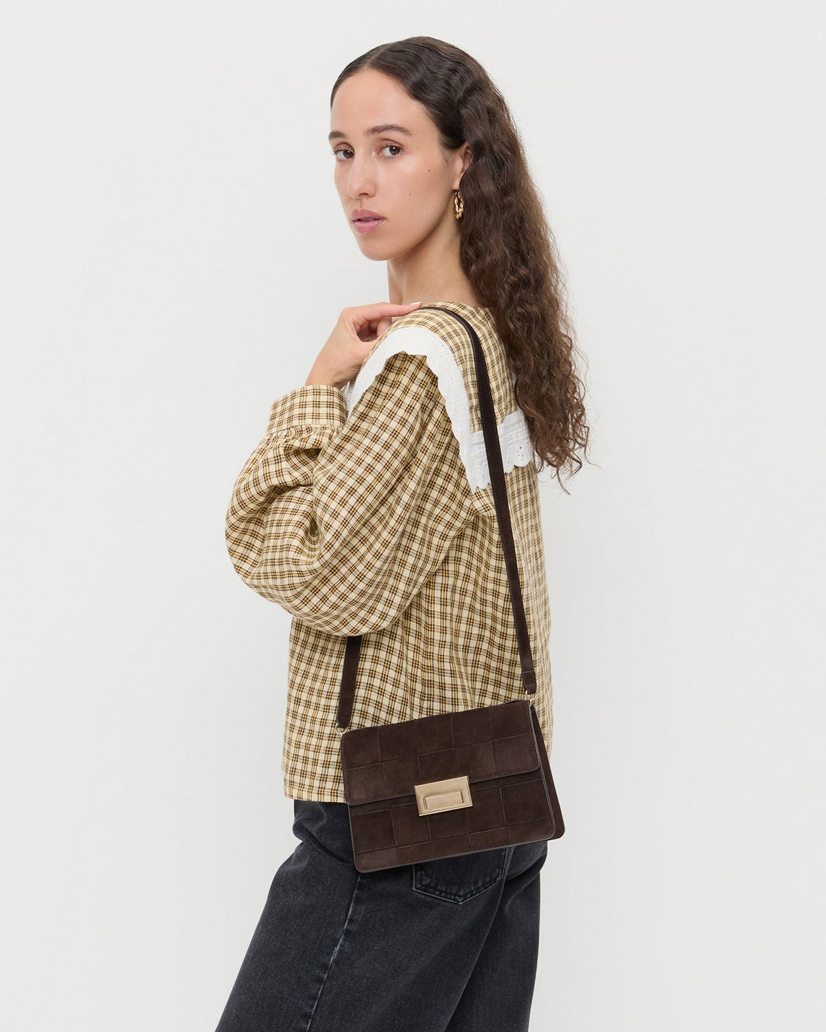 Women Loeffler Randall Delphine Brown Suede Shoulder Bag