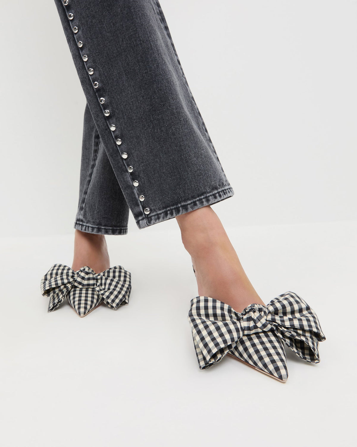 Women Loeffler Randall Margot Black/White Gingham Bow Mule