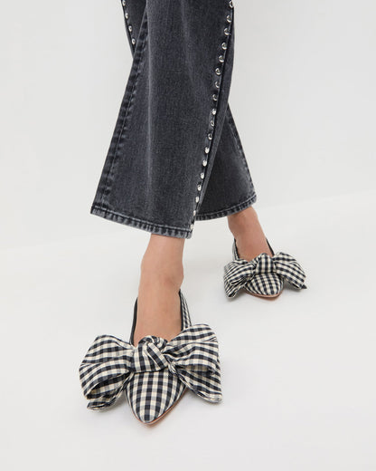 Women Loeffler Randall Noa Black/White Gingham Bow Flat